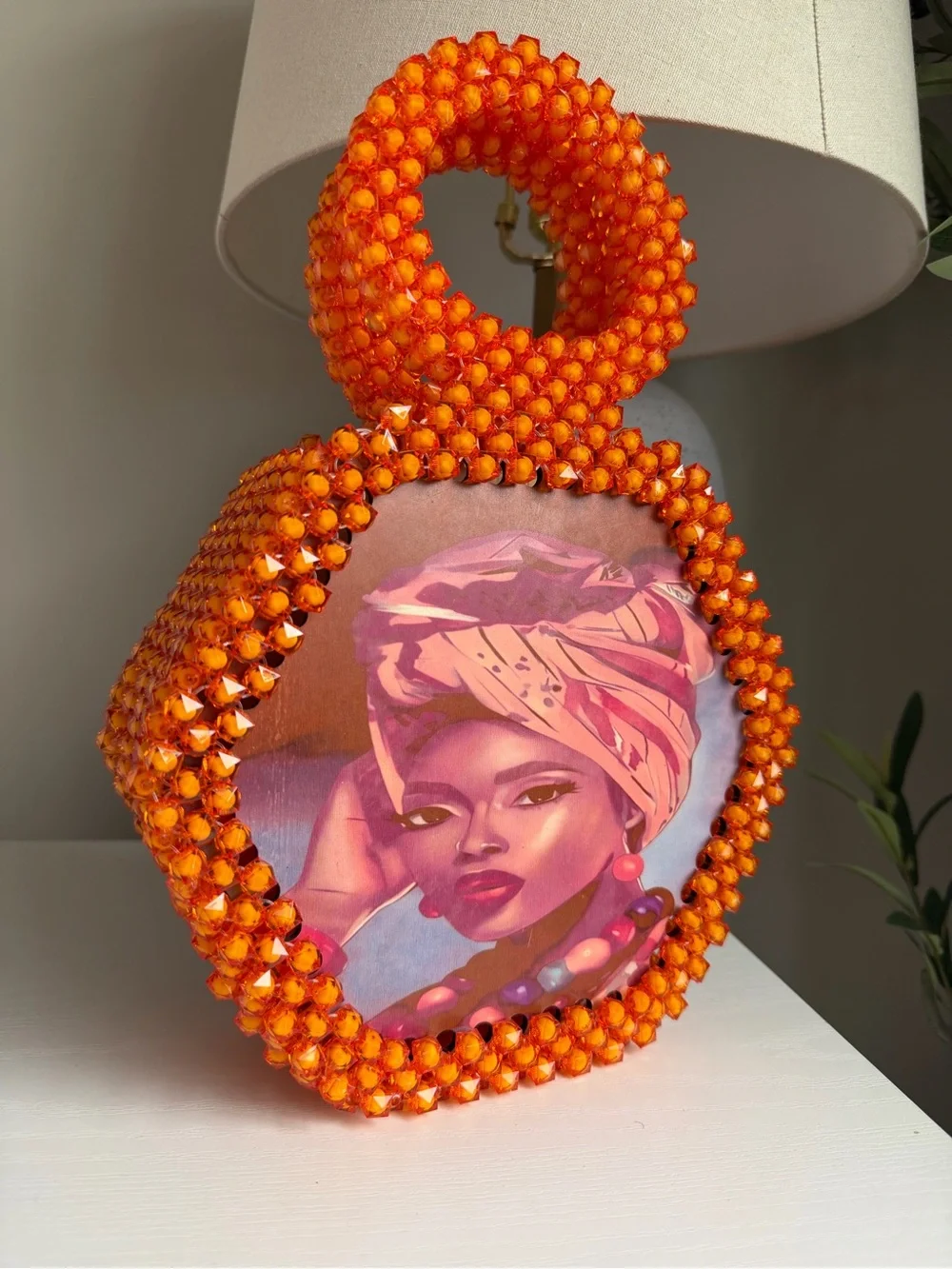 Handcrafted Orange Beaded Decorative Accent with Portrait Insert